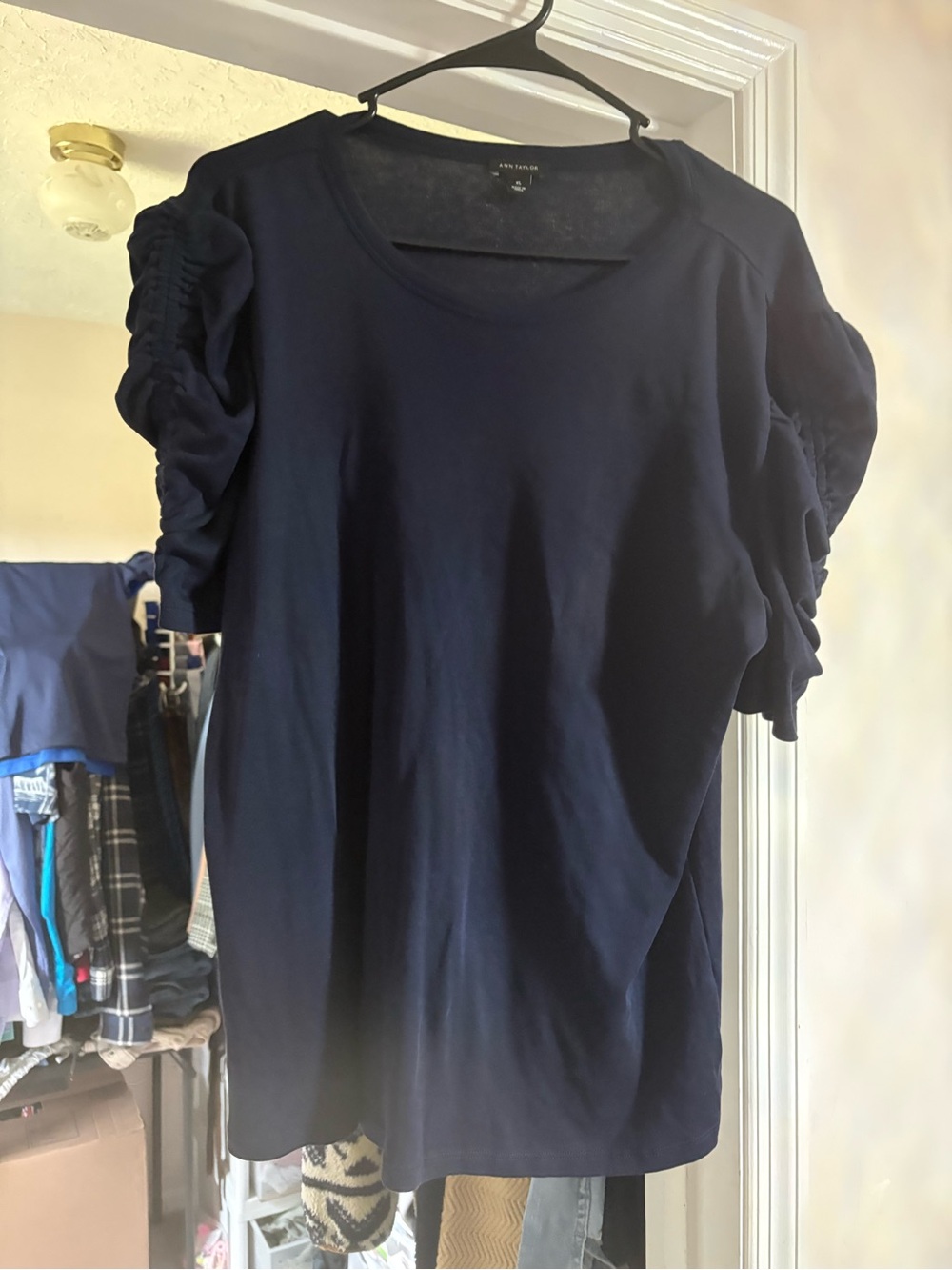 Ann Taylor Navy Short Sleeve Top with Ruched Sleeves